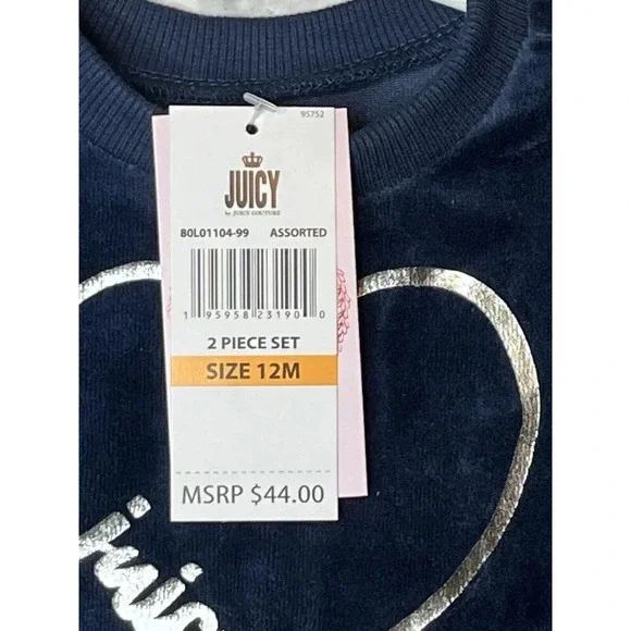NWT Juicy Couture 12M Baby Girl 2-pc Velvet Navy Blue heart Ruffle/Long Sleeve - Picture 2 of 8